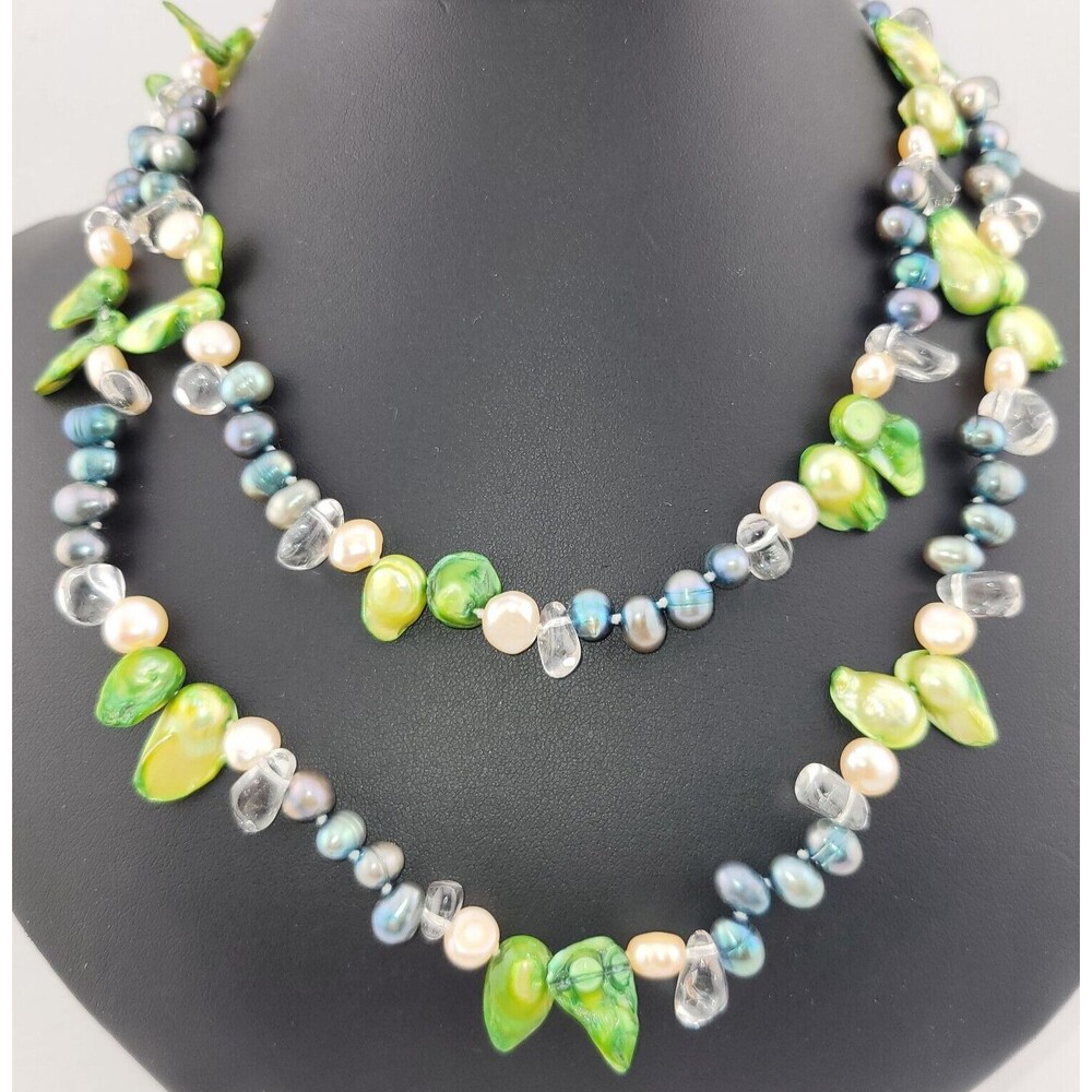 Blue Green White Baroque Cultured Pearl Tumbled Clear Quartz Bead 38" Necklace